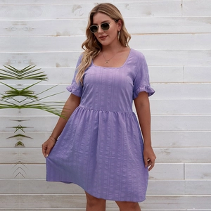Abito a Linea A in Grandi Dimensioni Scollo Quadrato Testurizzato Manica Corta Volant Vita Alta Babydoll Casual Vacanza Viola