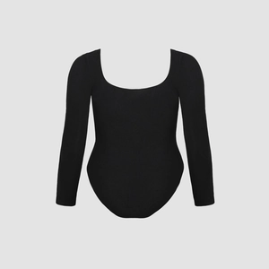 Close-up of black long sleeve bodysuit with U-neckline and fine ribbed knit texture
