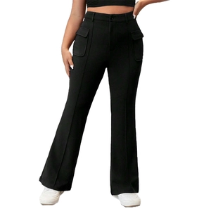 Women's high waist black flare pants with cargo pockets and front seam details