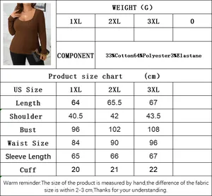 Detailed size chart for waffle knit V-neck long sleeve top showing measurements in cm