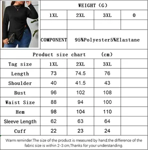 Detailed size chart for plus size slim fit long sleeve knit top with fabric info