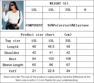 Size chart for women's slim fit long sleeve top with 95% polyester fabric measurements