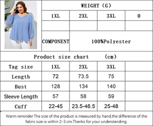 Size chart for V-neck plus size blouse showing weight, measurements and 100% polyester fabric
