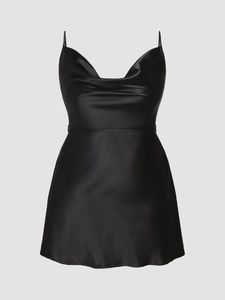 Elegant black satin slip dress with cowl neck and slim A-line silhouette for women