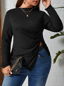 Women's Plus Size Black Ribbed Knit Long Sleeve T-Shirt Asymmetric Ruched Slit Hem Crew Neck Casual Slim Fit Solid Top