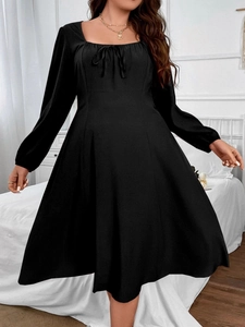 Elegant black square neck A-line dress with long sleeves and lace-up detail for women