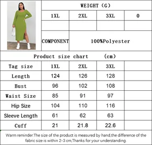 Size chart for green long sleeve dress showing 1XL to 3XL measurements in cm and polyester material