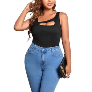 Slim fit black ribbed tank top for women with asymmetrical cutout and shoulder straps