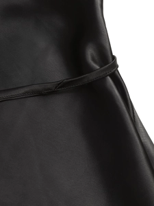 Elegant black satin A-line dress featuring smooth glossy fabric and premium sewing details