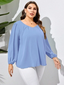 Plus size V-neck long sleeve blouse in blue-purple hue for casual women's autumn style