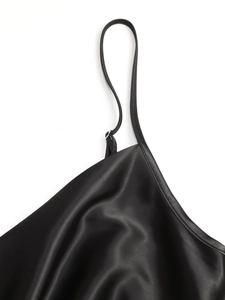 Elegant black satin A-line dress with spaghetti straps and cowl neck for women
