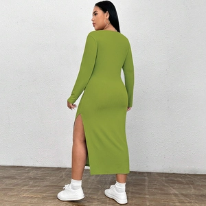 Detail of olive green ribbed knit dress featuring slim fit and side high split design