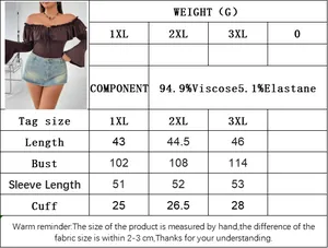 Size guide for plus size off-shoulder top with measurements from 1XL to 3XL