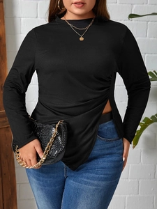 Slim fit black rib-knit long sleeve shirt with asymmetric hem and side ruched detail