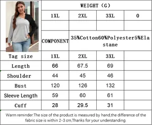 Detailed size chart for plus-size long sleeve top showing measurements and fabric composition