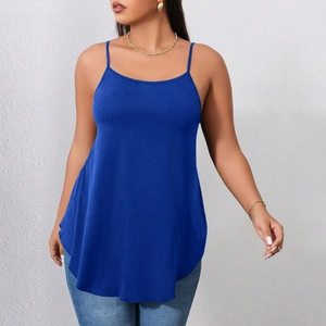 Women Plus Size Cami Tank Top Cotton Blend Basic Solid Color Rounded Hem Thin Strap Sleeveless Casual Summer Vest Top