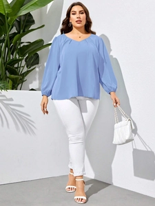 Chic sky blue V-neck plus size blouse with long cuffed sleeves for women casual wear
