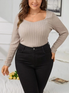 Slim fit plus size long sleeve waffle knit tee for women in elegant beige grey ribbed fabric