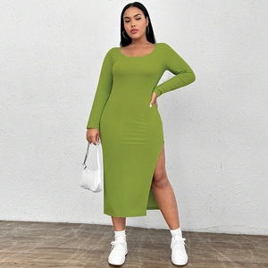 Detail shot of a grass green ribbed knit midi dress with square neck and high side slit