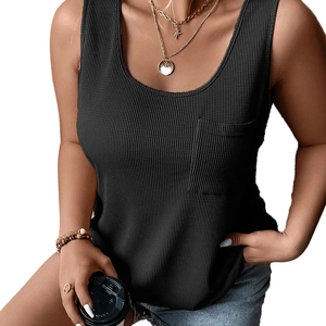 Women's casual black ribbed knit tank top with deep U-neck and small chest pocket