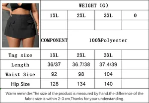 Size chart for black plus size cargo skort showing length, waist, and hip measurements