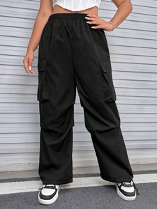 Pantaloni Cargo da Donna Taglie Forti Vita Alta Fascia Elastica Multi Tasca Streetwear Casual Allentati Pantaloni Lunghi Tinta Unita
