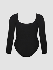 Women's elegant black square neck long sleeve ribbed knit bodysuit with slim fit style