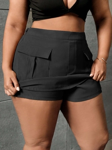 Plus size black cargo skort for women featuring high waist and large flap pockets