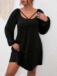 Plus Size Women's Black Dress Long Sleeve Criss-Cross Neckline A-Line Casual Autumn Fashion Party Midi Dress
