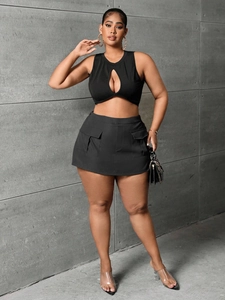 Women's plus size black cargo mini skirt set with keyhole sleeveless crop top