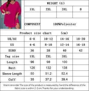 Size chart for women's V-neck dress showing 100% polyester material and measurements