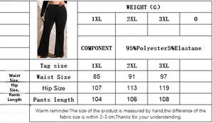 Tableau des tailles pour pantalons évasés grande taille avec taille, hanches et longueur