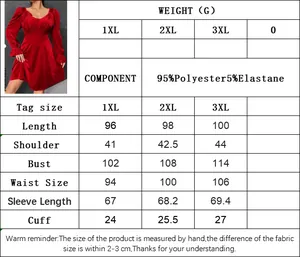Size chart for plus size velvet party dress showing measurements for 1XL to 3XL sizes