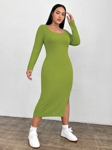 Olive green rib-knit long sleeve midi dress with slim fit and side slit detail