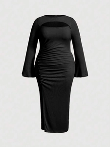 Women Plus Size Elegant Sexy Cutout Midi Dress Long Flared Sleeve Ruched Split Bodycon Knitted Party Dress