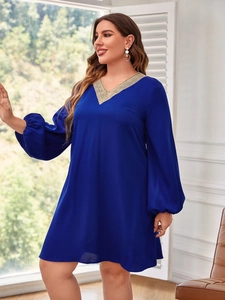 Royal blue V-neck plus size A-line dress with gold lace patchwork and lantern sleeves