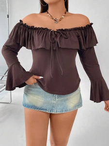 Brown off-shoulder long sleeve top with ruffle trim and flared sleeves in slim fit
