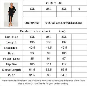 Detailed size chart for plus size V-neck slit dress with 1XL to 3XL measurements