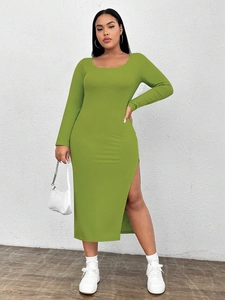 Slim fit olive green ribbed knit maxi dress with long sleeves and side slit detail