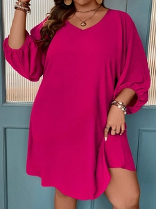 Elegant plus size long sleeve V-neck fuchsia casual dress with stylish lantern sleeves