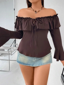Brown off-shoulder top with ruffled bell sleeves and bow detail for women