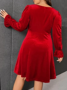 Elegant red velvet long sleeve party dress with waist tie and flared skirt for women