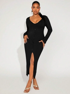 Plus Size Elegant Long Sleeve Maxi Dress Ribbed V Neck Button Front High Slit Slim Fit Bodycon Sexy French Style Dress