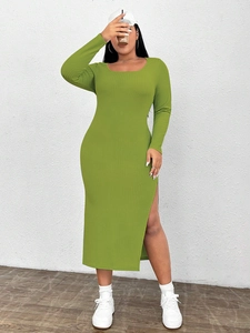 Green long-sleeve knit bodycon dress with side slit and round neck for women