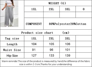 Tableau des tailles pour pantalon large avec détails du tissu et mesures en cm