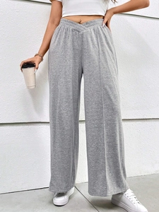 Pantalon Large Grande Taille Femmes Taille en V Haute Décontracté Lounge Tricot Mélange Coton Pantalon de Jogging Quotidien