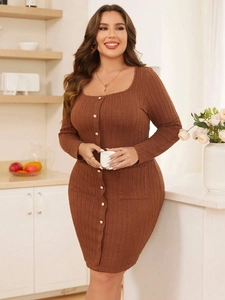 Plus Size Women Sexy Square Neck Long Sleeve Ribbed Knit Mini Bodycon Dress With Decorative Buttons And Pockets Elegant Slim Fit