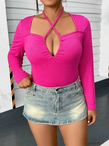 Maglietta da Donna Sexy Rosa Acceso con Scollo all'Americana e Taglio a Svuotamento Maniche Lunghe Slim Fit Top in Maglia