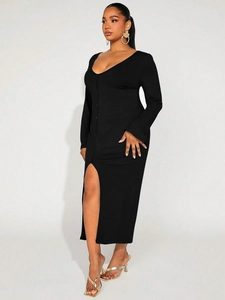 Sexy black ribbed V-neck long sleeve dress with front buttons and side split detail