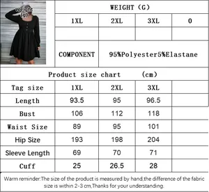Size guide for plus size long sleeve dress showing measurements in centimeters and fabric info